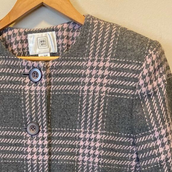 Vintage Amanda Smith collarless button down long coat lined pink/gray plaid 14W - Picture 3 of 10